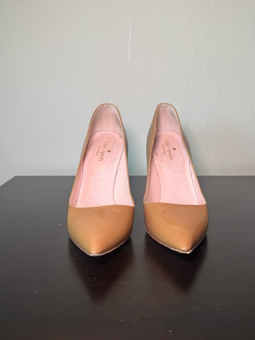 kate spade Tan Patent Leather Pointed Pumps with Pink Liner